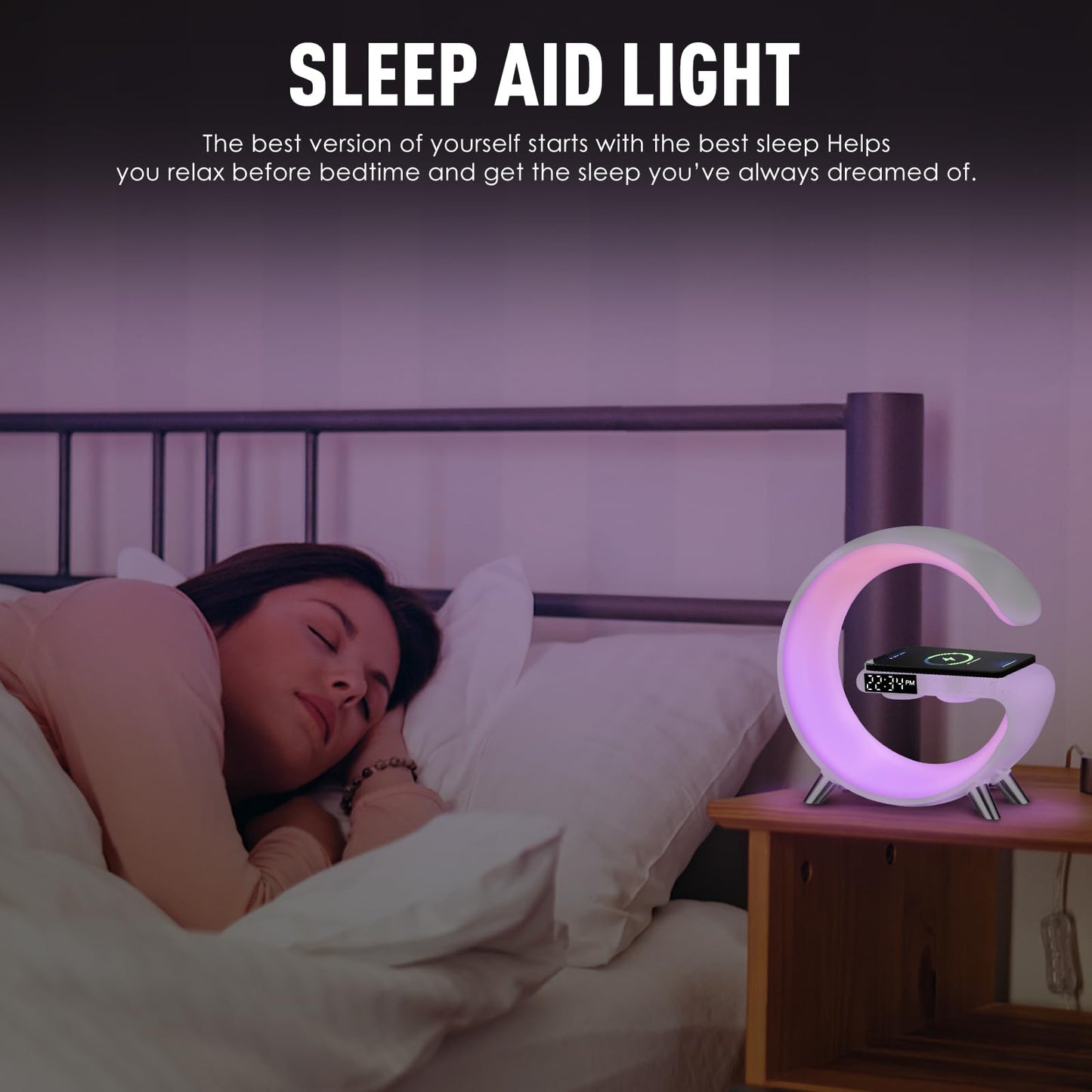LeeNabao Smart LED Table Lamp, 4-in-1 Wireless Charger, Night Light, Alarm Clock, and Bluetooth Speaker with App Control for Bedroom, Office, and Home Decor (Black)