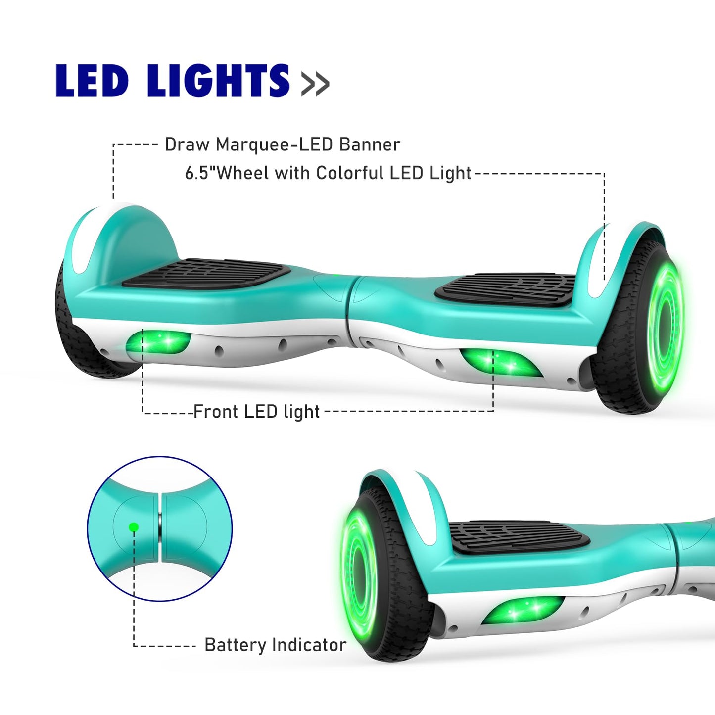 UNI-SUN Hoverboard for Kids, 6.5" Two Wheel Self Balancing Hoverboards with LED Lights, Green Hover Board (No Bluetooth)