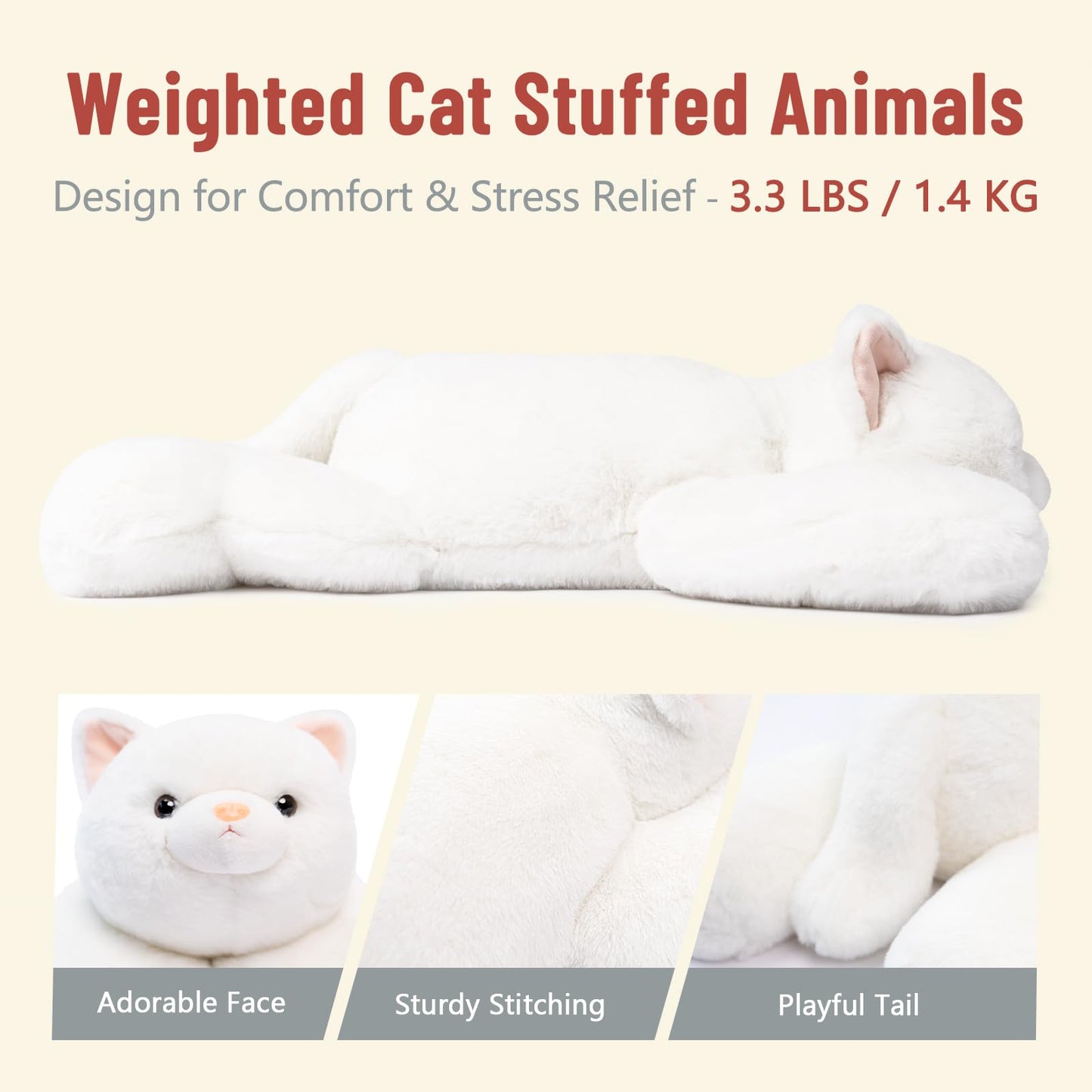 Niuniu Daddy 20" | 3.3 Pound Weighted Cat Stuffed Animals, Cute Plush Animal Toy for Kids Adults Toddler Teens, Large Soft Fluffy White Kitty Plushies