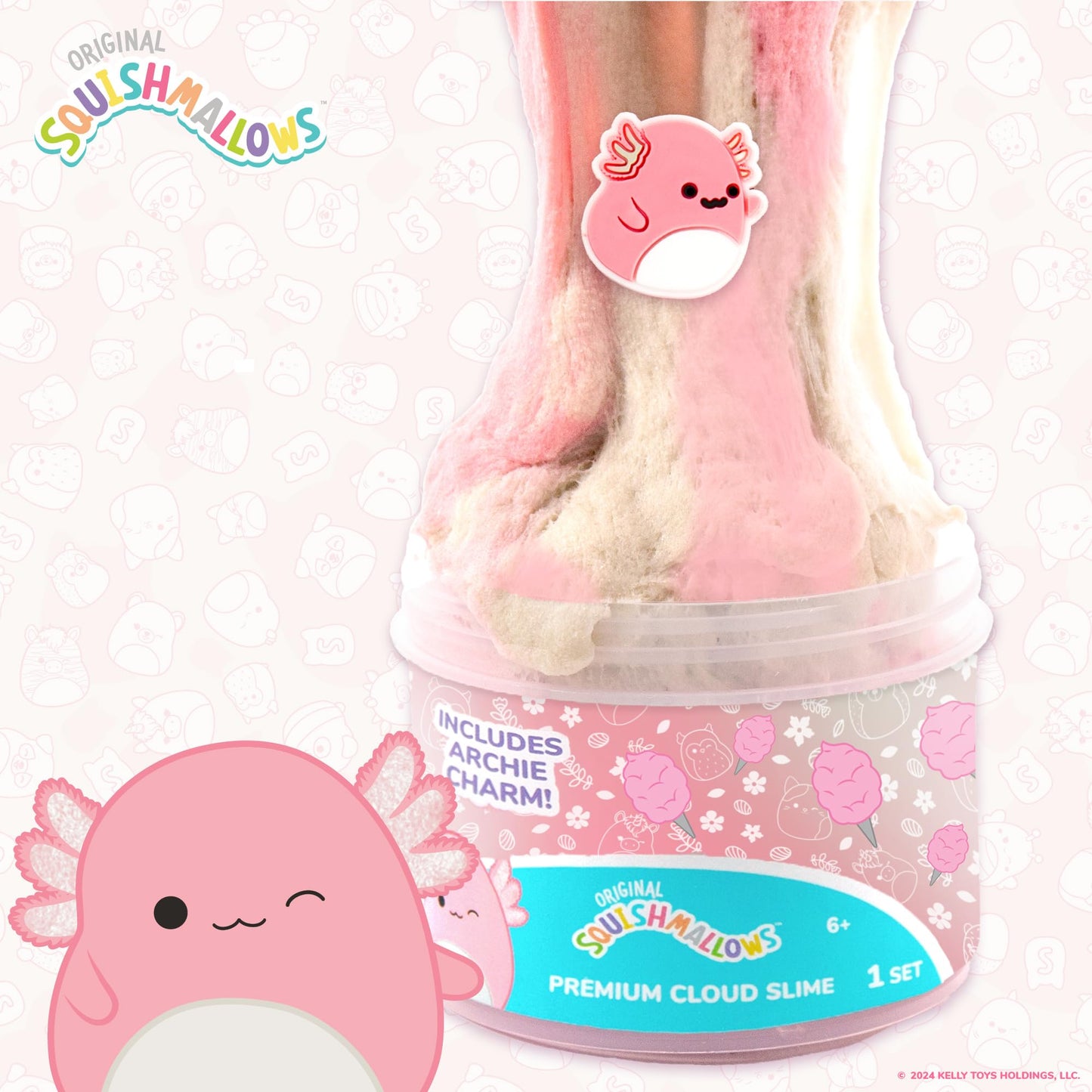 Original Squishmallows Archie The Axolotl Premium Cloud Slime, 8 oz. Fluffy Slime, Cotton Candy Scented, 3 Fun Slime Add Ins, Pre-Made Slime for Kids