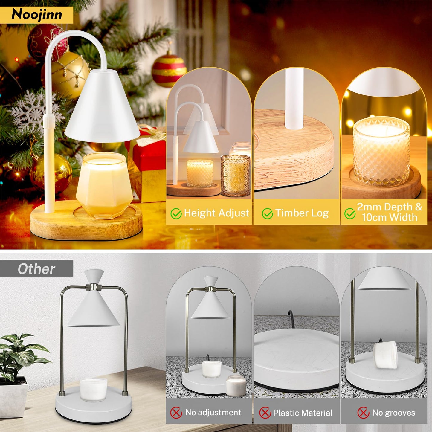 Noojinn Candle Warmer Lamp with Timer Dimmer Adjustable Height, Wood Base Electric Top Down Melting Wax Melt Warmer for Jar Candles, Home Bedroom Decor House Warming Christmas Day Present for Mom