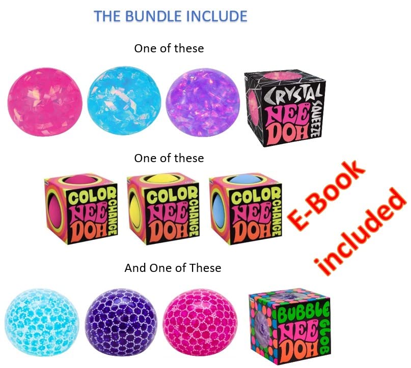 Nee Doh Stress Balls, Squishy, Squeezy, Stretchy. The Complete Bundle, One of Each! Color Change, Bubble Glob & Crystal Squeeze in Vibrant Colors!