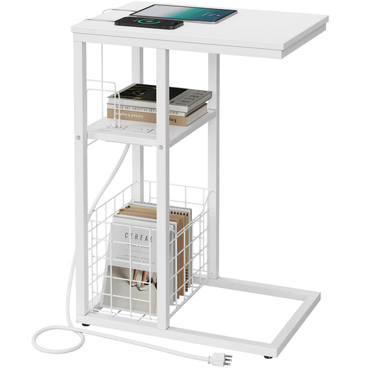 C Shaped End Table with Charging Station, Side Table for Couch, Small Side End Table for Small Spaces