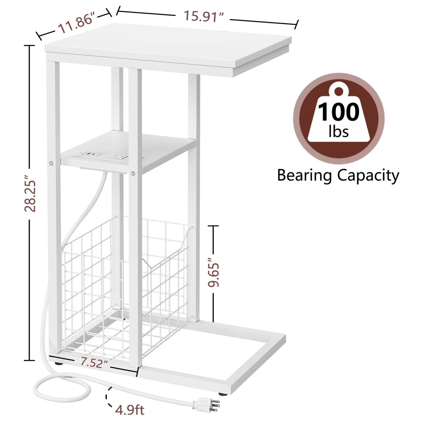 C Shaped End Table with Charging Station, Side Table for Couch, Small Side End Table for Small Spaces