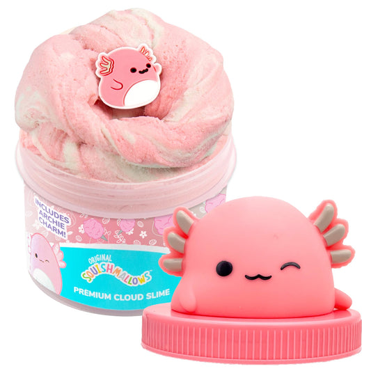 Original Squishmallows Archie The Axolotl Premium Cloud Slime, 8 oz. Fluffy Slime, Cotton Candy Scented, 3 Fun Slime Add Ins, Pre-Made Slime for Kids