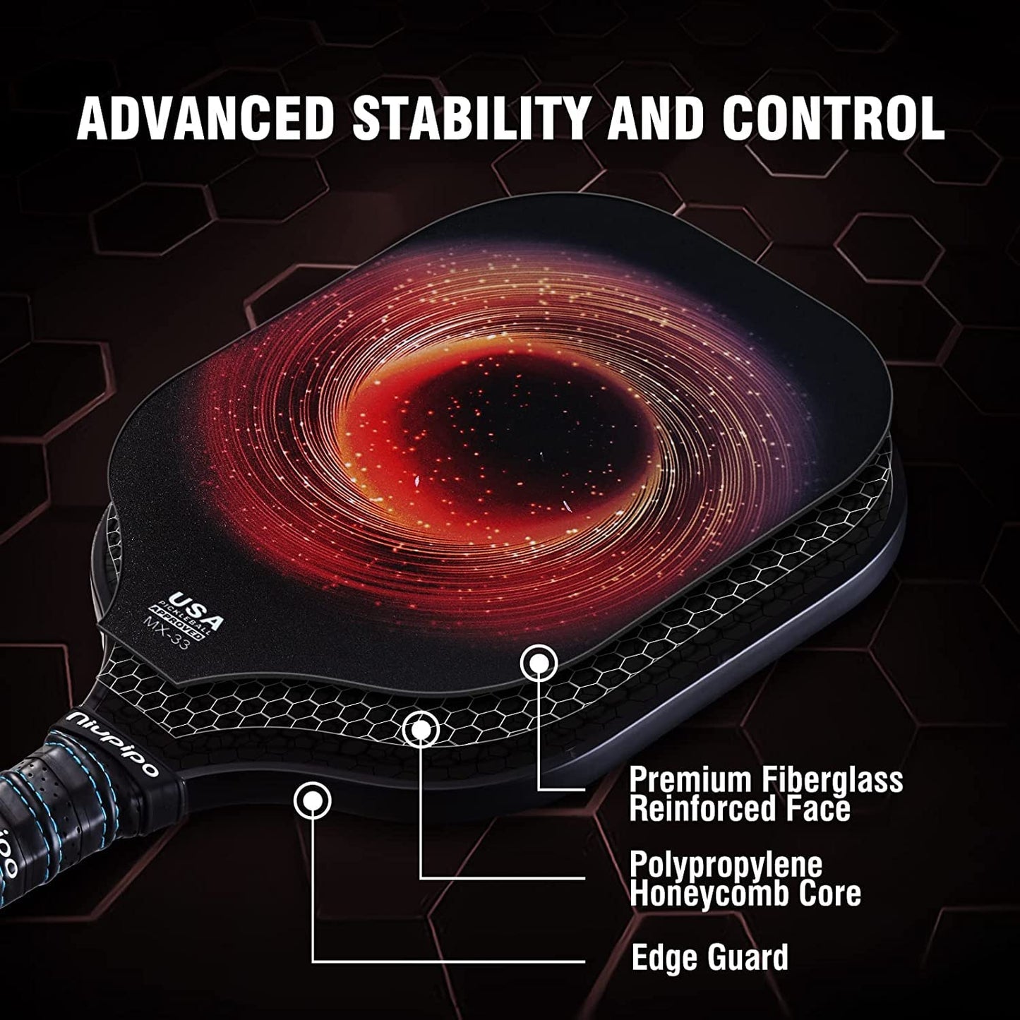 niupipo Pickleball Paddle, USAPA Approved Pickleball Paddle with Fiberglass Face, Protective Cover, Ultra Cushion, Polypropylene Honeycomb Core, 4.8-Inch Grip, Lightweight