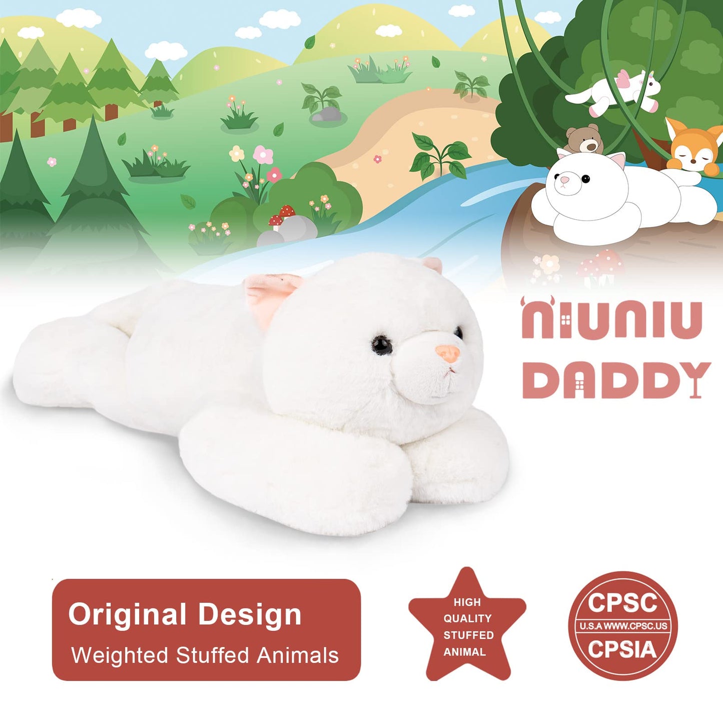 Niuniu Daddy 20" | 3.3 Pound Weighted Cat Stuffed Animals, Cute Plush Animal Toy for Kids Adults Toddler Teens, Large Soft Fluffy White Kitty Plushies