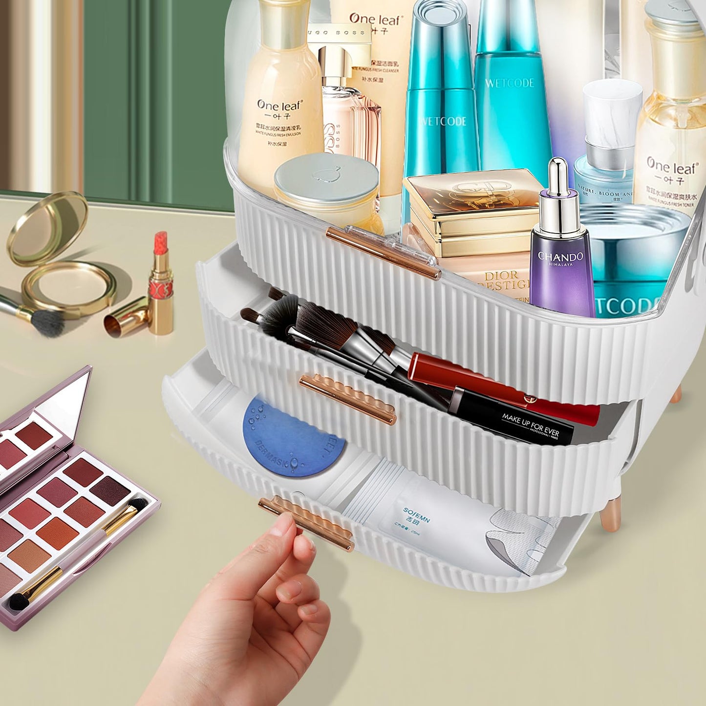 MASSY Egg Shape(Oval) Makeup Storage Box, Countertop Portable Vanity Cosmetics Organizer Preppy