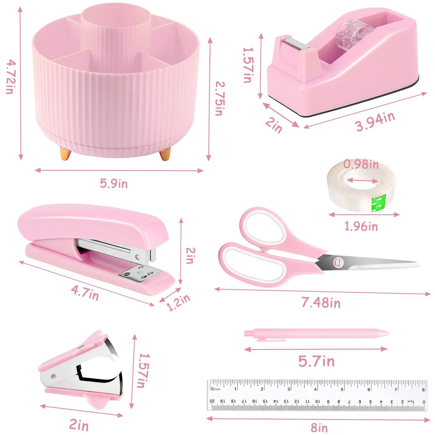 Pink Desk Accessories, Pink Office Supplies 360°Pen Holder Desk Organizers and Accessories with Tape Dispenser, Stapler, Staple Remover, 1000 Staples, Tape, Clips Set, Ruler, Scissor, Pen