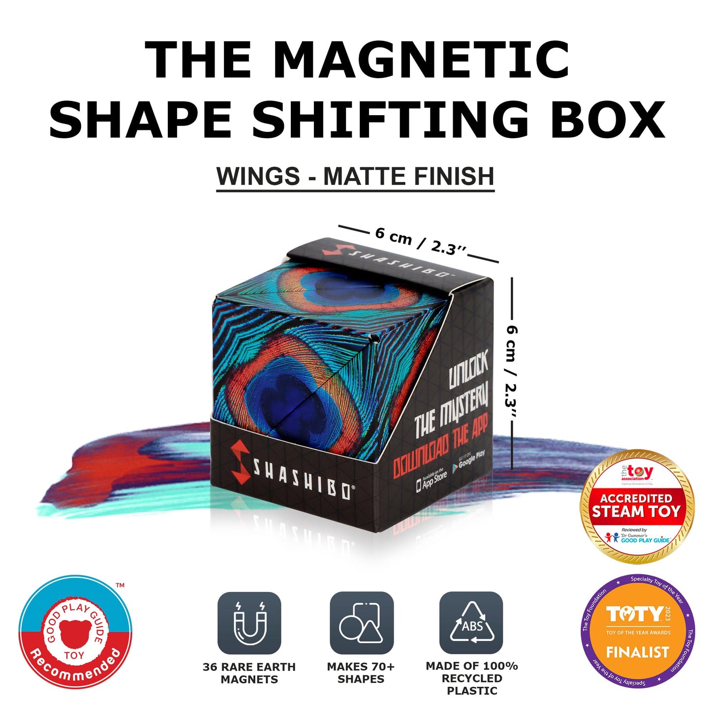 SHASHIBO Shape Shifting Box - Award-Winning, Patented Fidget Cube w/ 36 Rare Earth Magnets - Transforms Into Over 70 Shapes, Download Fun in Motion Toys Mobile App (Original Series - Wings)