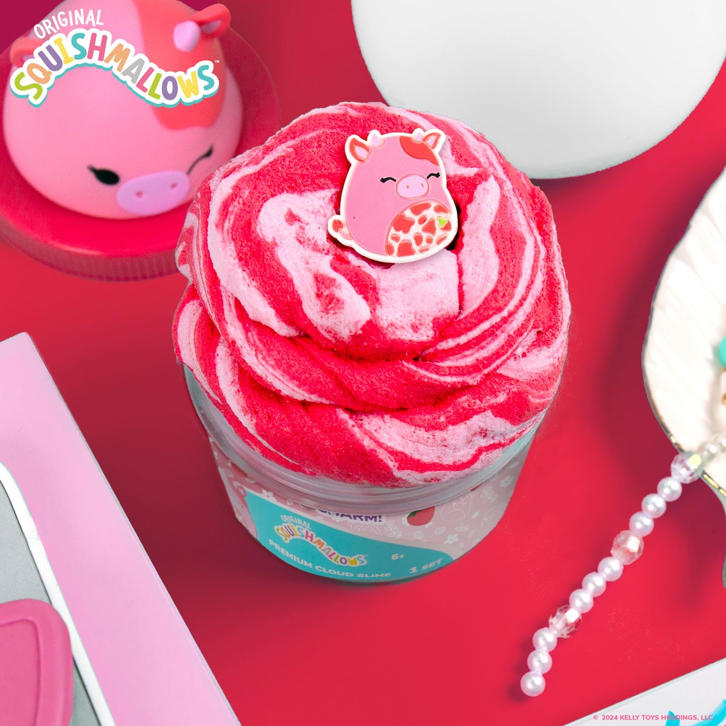 Original Squishmallows Calynda The Cow Premium Cloud Slime, 8 oz. Fluffy Slime, Strawberry Scented, 3 Fun Slime Add Ins, Pre-Made Slime for Kids