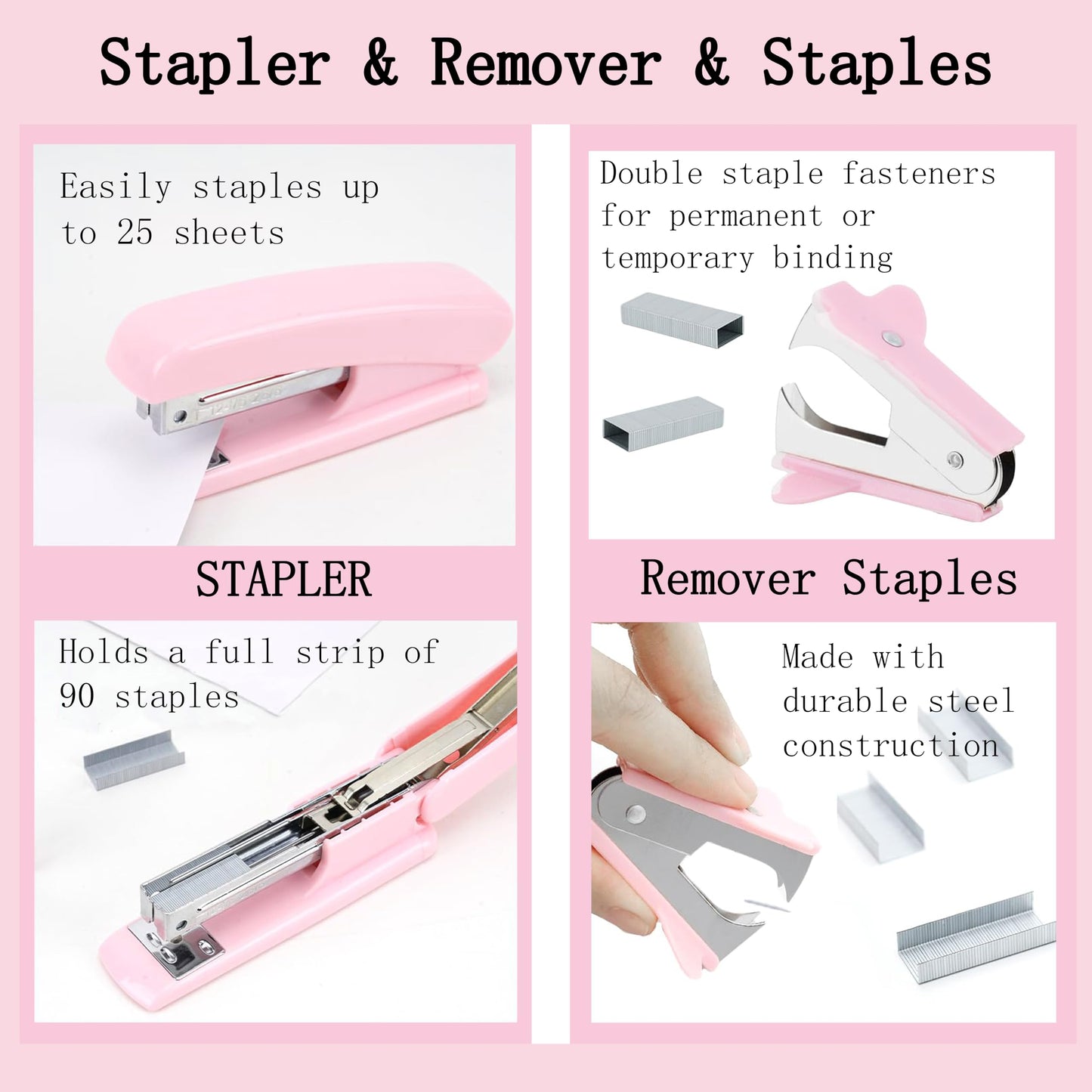 Pink Desk Accessories, Pink Office Supplies 360°Pen Holder Desk Organizers and Accessories with Tape Dispenser, Stapler, Staple Remover, 1000 Staples, Tape, Clips Set, Ruler, Scissor, Pen