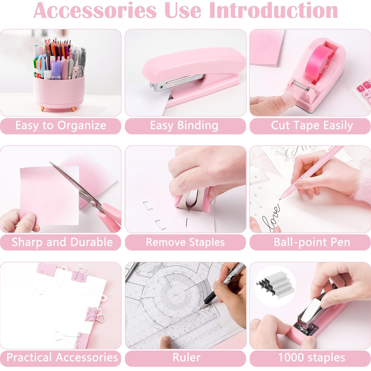 Pink Desk Accessories, Pink Office Supplies 360°Pen Holder Desk Organizers and Accessories with Tape Dispenser, Stapler, Staple Remover, 1000 Staples, Tape, Clips Set, Ruler, Scissor, Pen