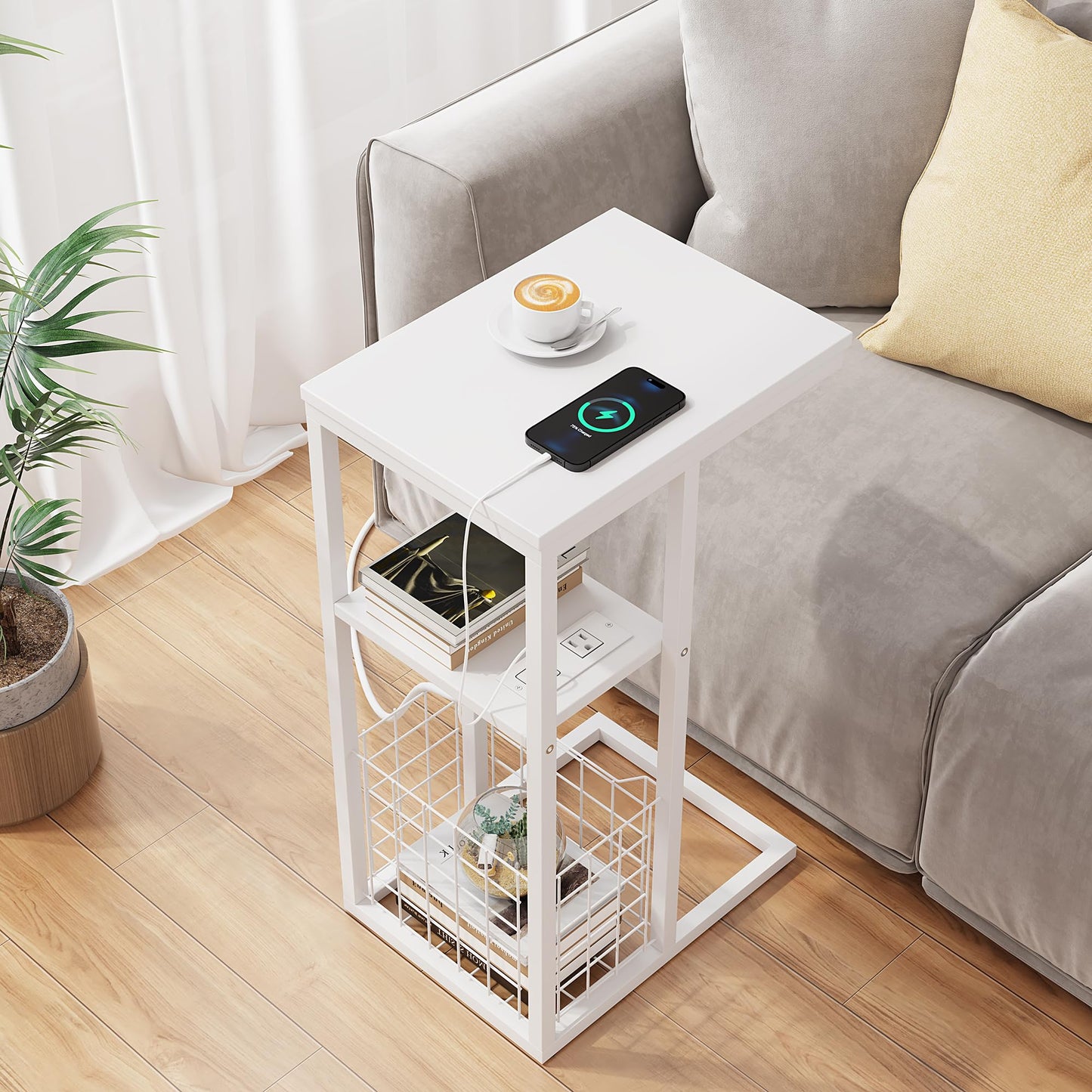 C Shaped End Table with Charging Station, Side Table for Couch, Small Side End Table for Small Spaces