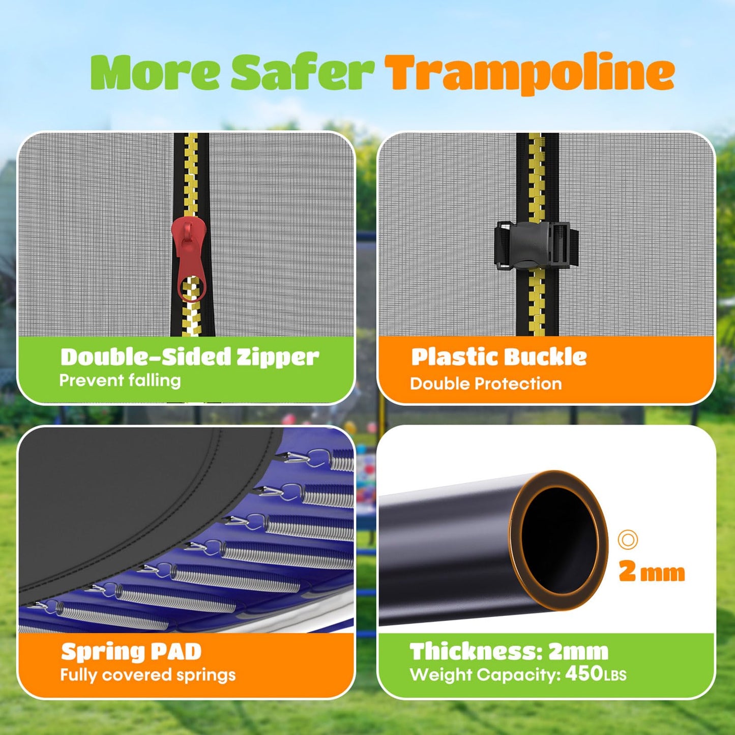 ORCC 1200LBS Weight Capacity 16 15 14 12 10ft Trampoline for Kids and Adults Outdoor Trampolines with Safety Enclosure Net Wind Stakes Non-Slip Ladder