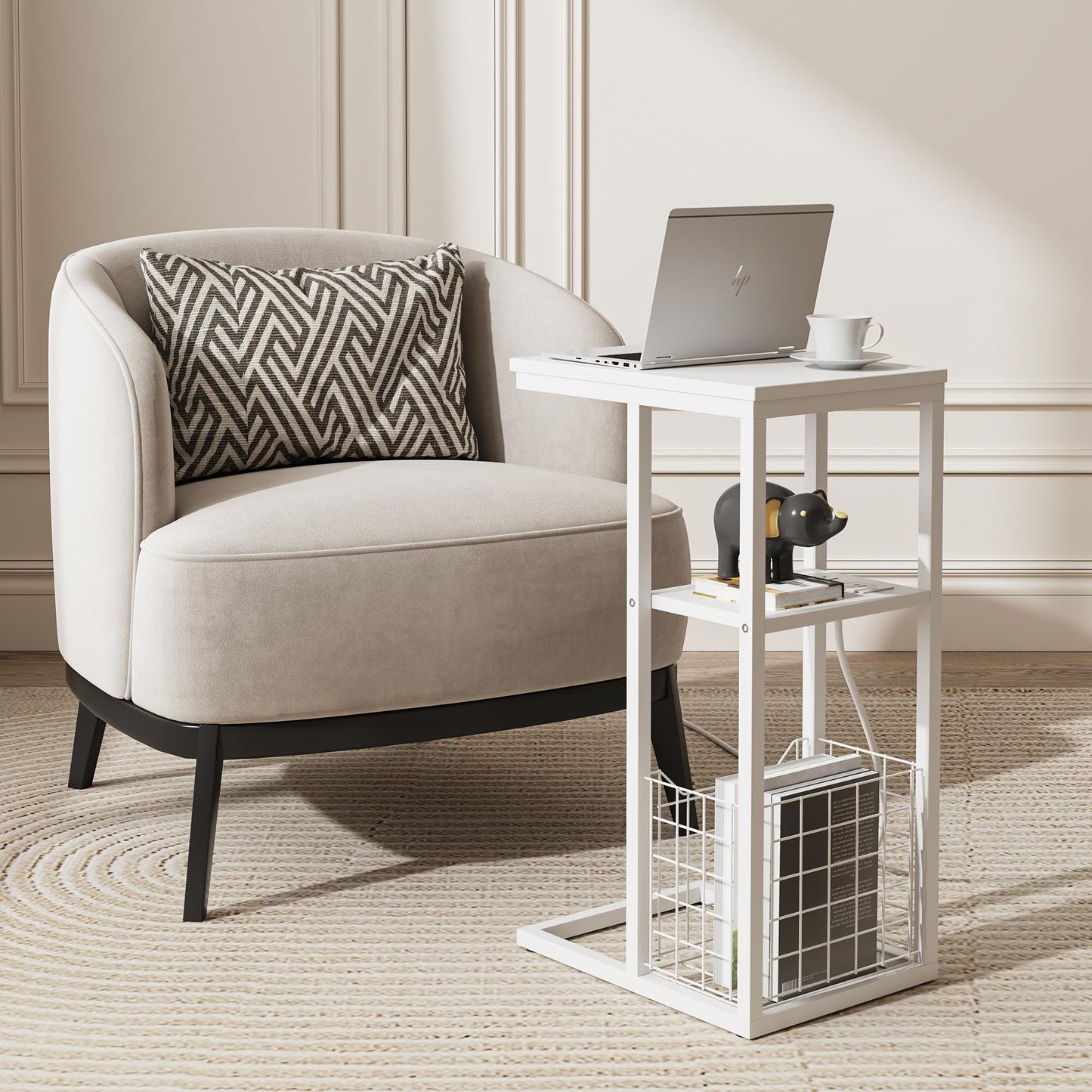 C Shaped End Table with Charging Station, Side Table for Couch, Small Side End Table for Small Spaces