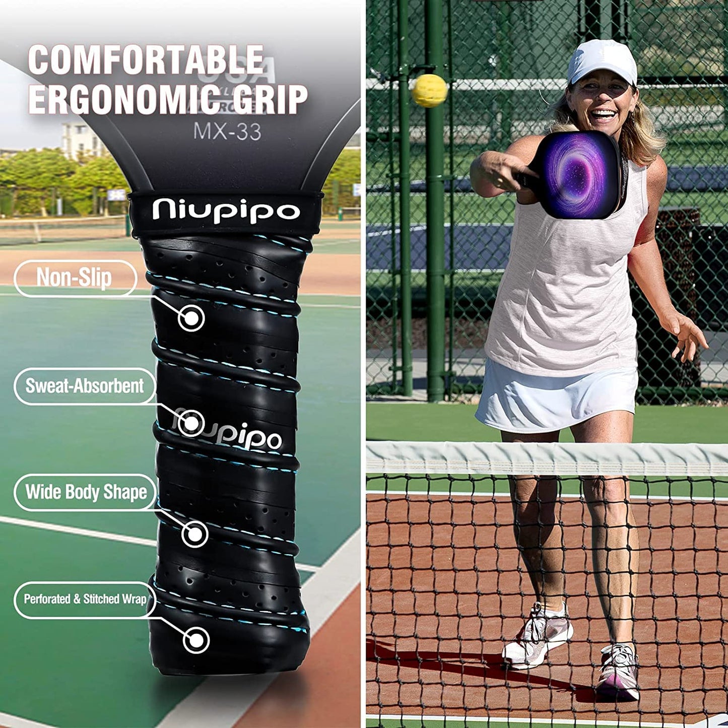 niupipo Pickleball Paddle, USAPA Approved Pickleball Paddle with Fiberglass Face, Protective Cover, Ultra Cushion, Polypropylene Honeycomb Core, 4.8-Inch Grip, Lightweight