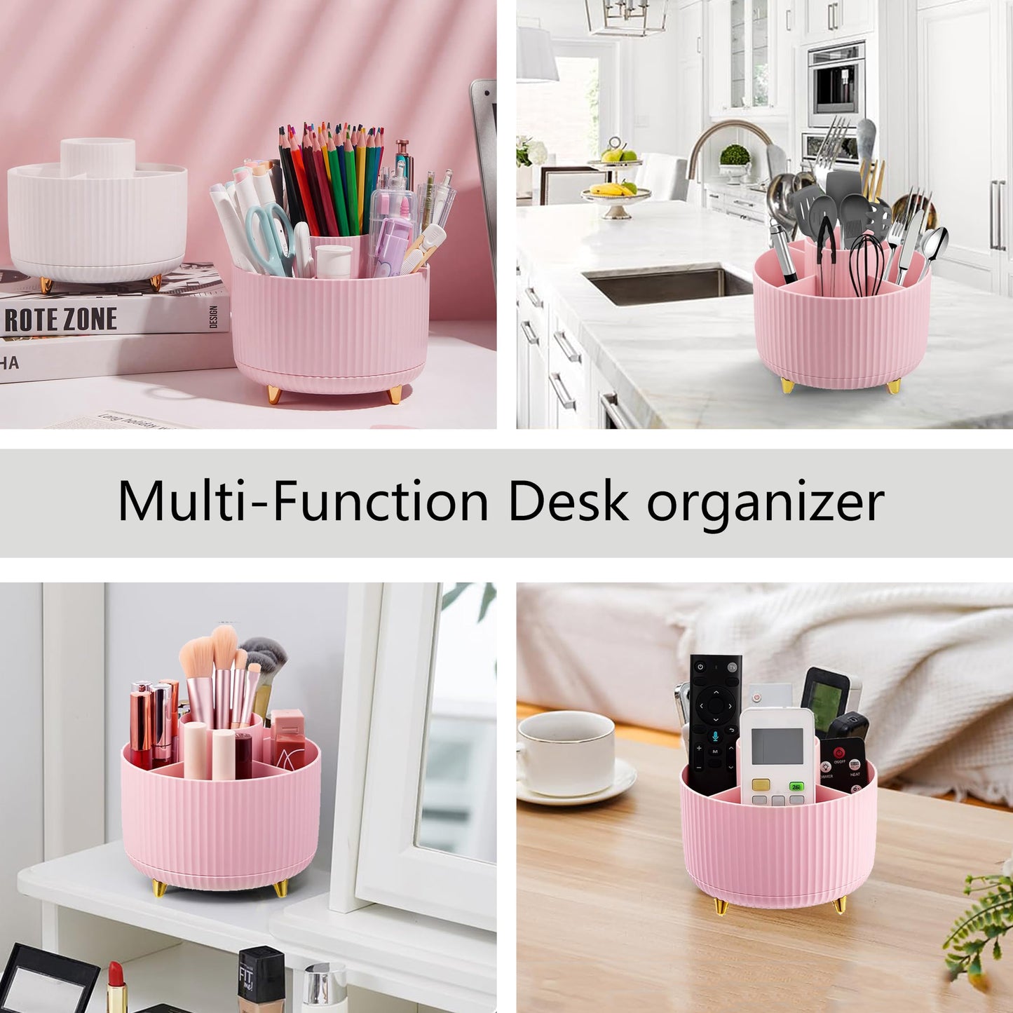 Pink Desk Accessories, Pink Office Supplies 360°Pen Holder Desk Organizers and Accessories with Tape Dispenser, Stapler, Staple Remover, 1000 Staples, Tape, Clips Set, Ruler, Scissor, Pen