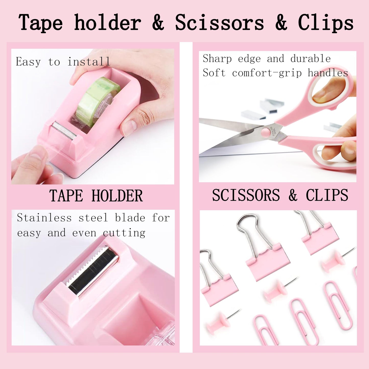 Pink Desk Accessories, Pink Office Supplies 360°Pen Holder Desk Organizers and Accessories with Tape Dispenser, Stapler, Staple Remover, 1000 Staples, Tape, Clips Set, Ruler, Scissor, Pen