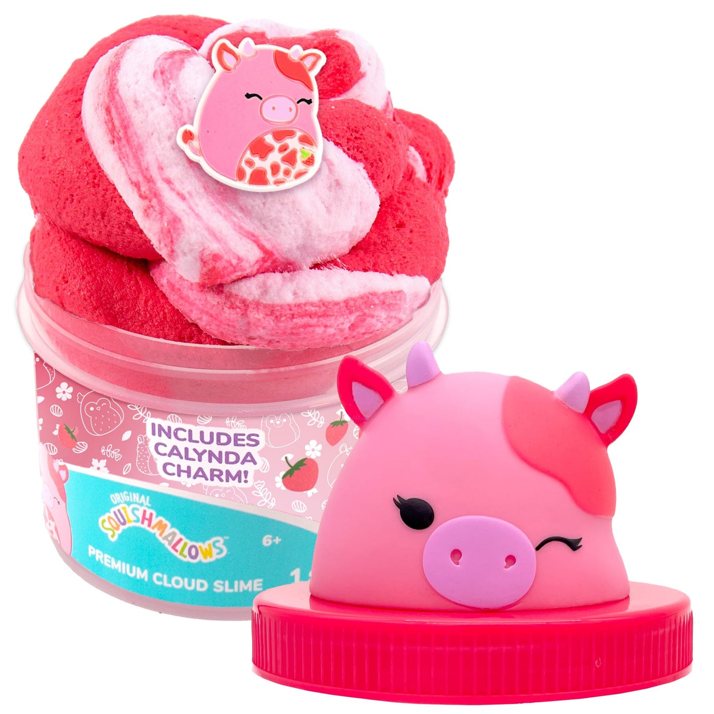 Original Squishmallows Calynda The Cow Premium Cloud Slime, 8 oz. Fluffy Slime, Strawberry Scented, 3 Fun Slime Add Ins, Pre-Made Slime for Kids