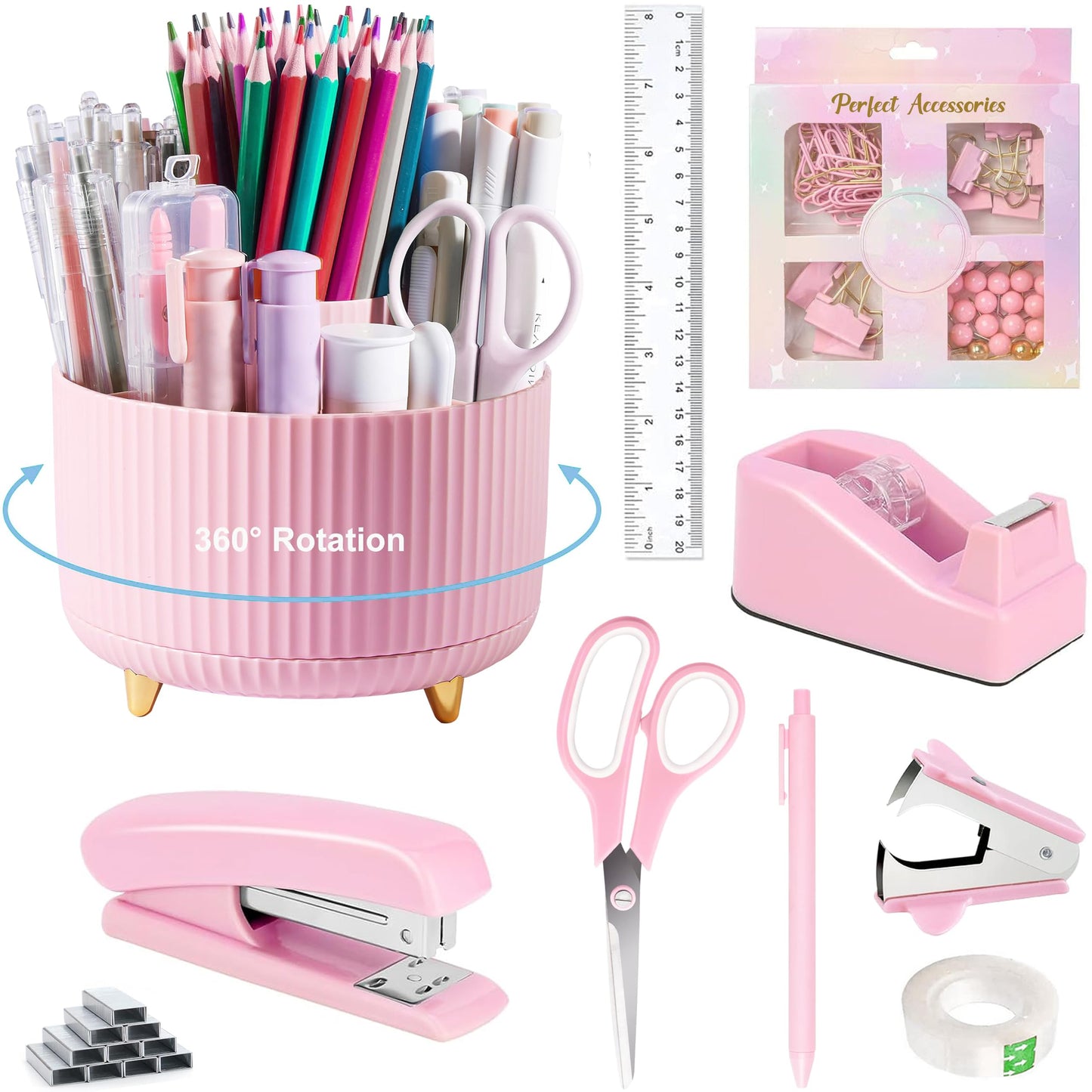 Pink Desk Accessories, Pink Office Supplies 360°Pen Holder Desk Organizers and Accessories with Tape Dispenser, Stapler, Staple Remover, 1000 Staples, Tape, Clips Set, Ruler, Scissor, Pen