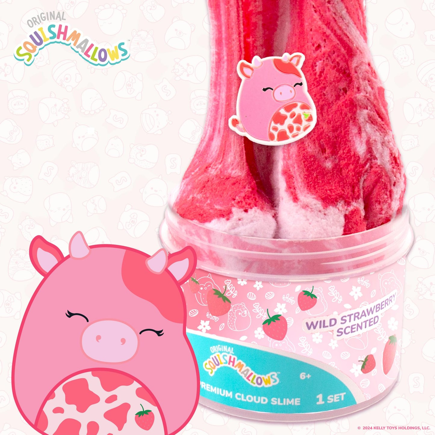 Original Squishmallows Calynda The Cow Premium Cloud Slime, 8 oz. Fluffy Slime, Strawberry Scented, 3 Fun Slime Add Ins, Pre-Made Slime for Kids