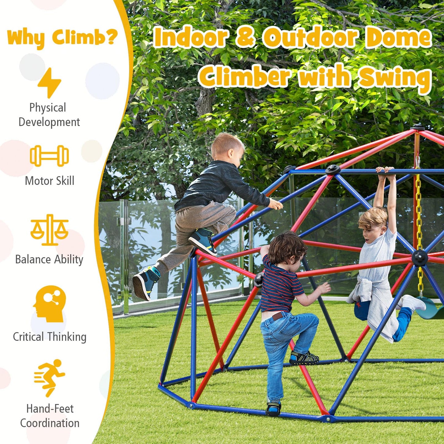 Costzon Climbing Dome with Swing, 10FT Kids Jungle Gym Monkey Bar Climbing Toys for Outdoor