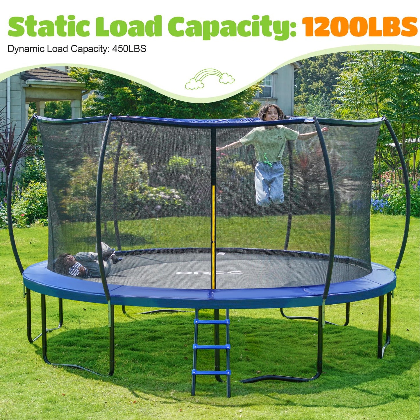 ORCC 1200LBS Weight Capacity 16 15 14 12 10ft Trampoline for Kids and Adults Outdoor Trampolines with Safety Enclosure Net Wind Stakes Non-Slip Ladder
