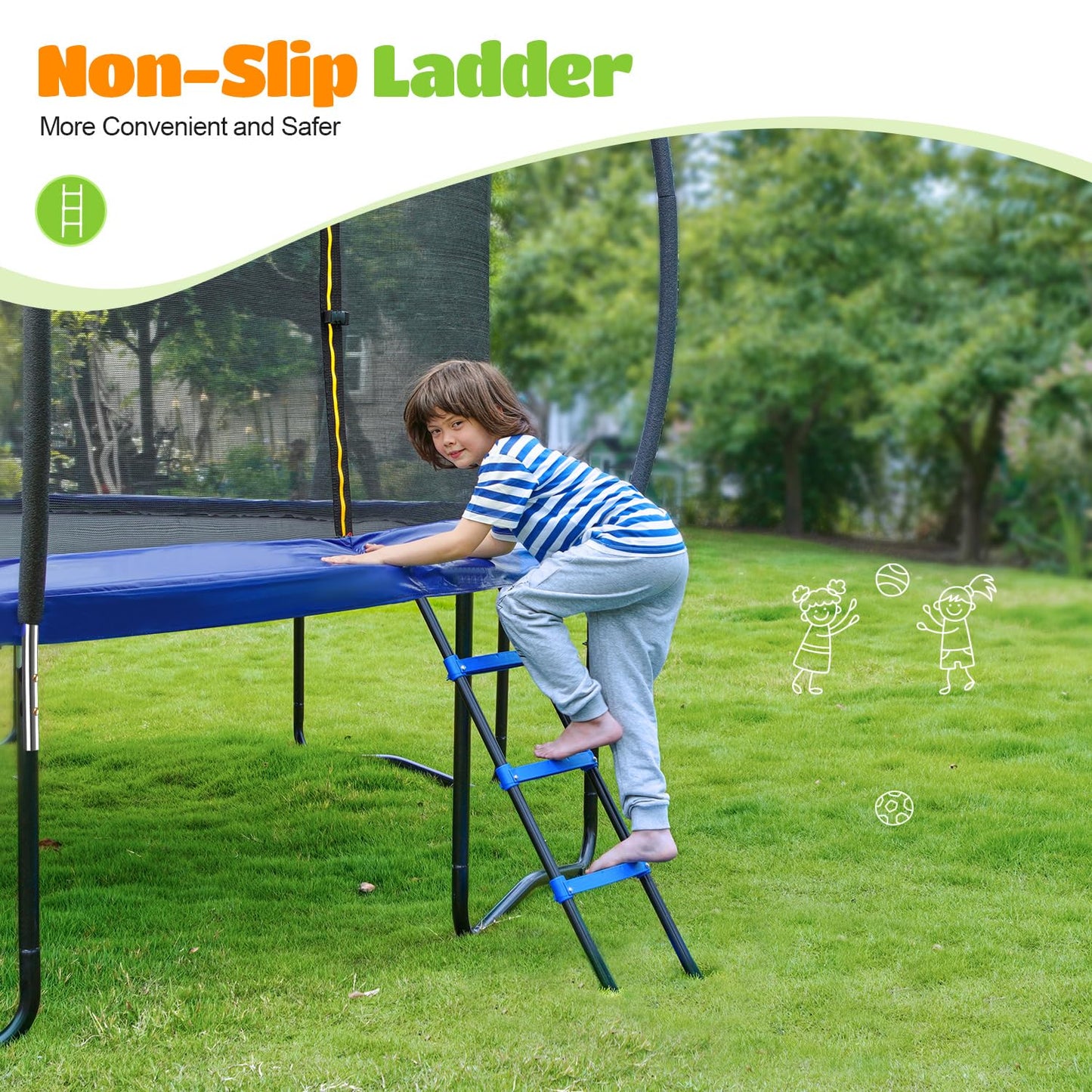 ORCC 1200LBS Weight Capacity 16 15 14 12 10ft Trampoline for Kids and Adults Outdoor Trampolines with Safety Enclosure Net Wind Stakes Non-Slip Ladder