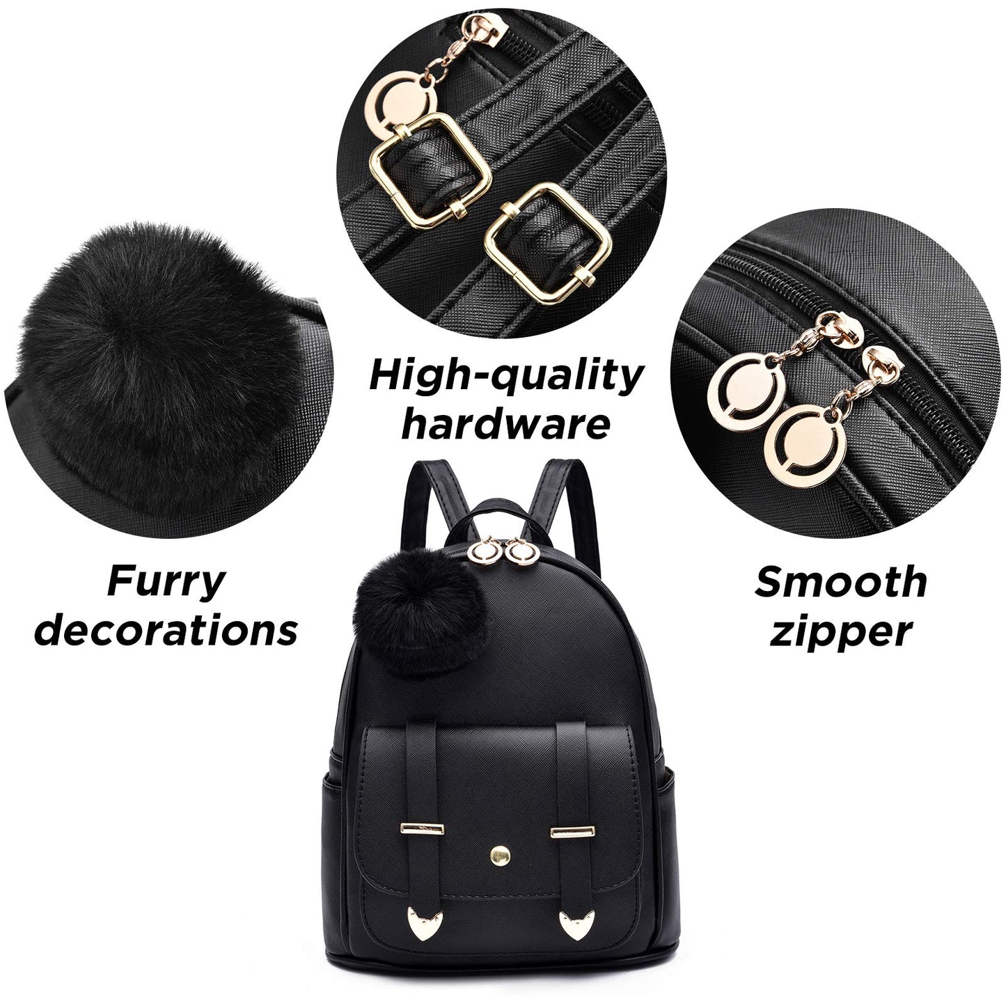 I IHAYNER Girls Fashion Backpack Mini Backpack Purse for Women Teenage Girls Purses PU Leather Pompom Backpack Shoulder Bag Gold Pink