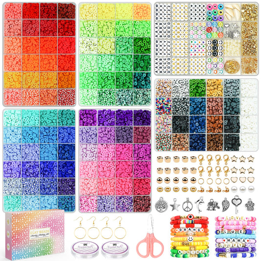 Paodey 20,000 Pcs Clay Beads Bracelet Making Kit, 120 Colors 6 Boxes Polymer Beads Spacer Heishi Beads & Jewelry Kit with Pendant Charms