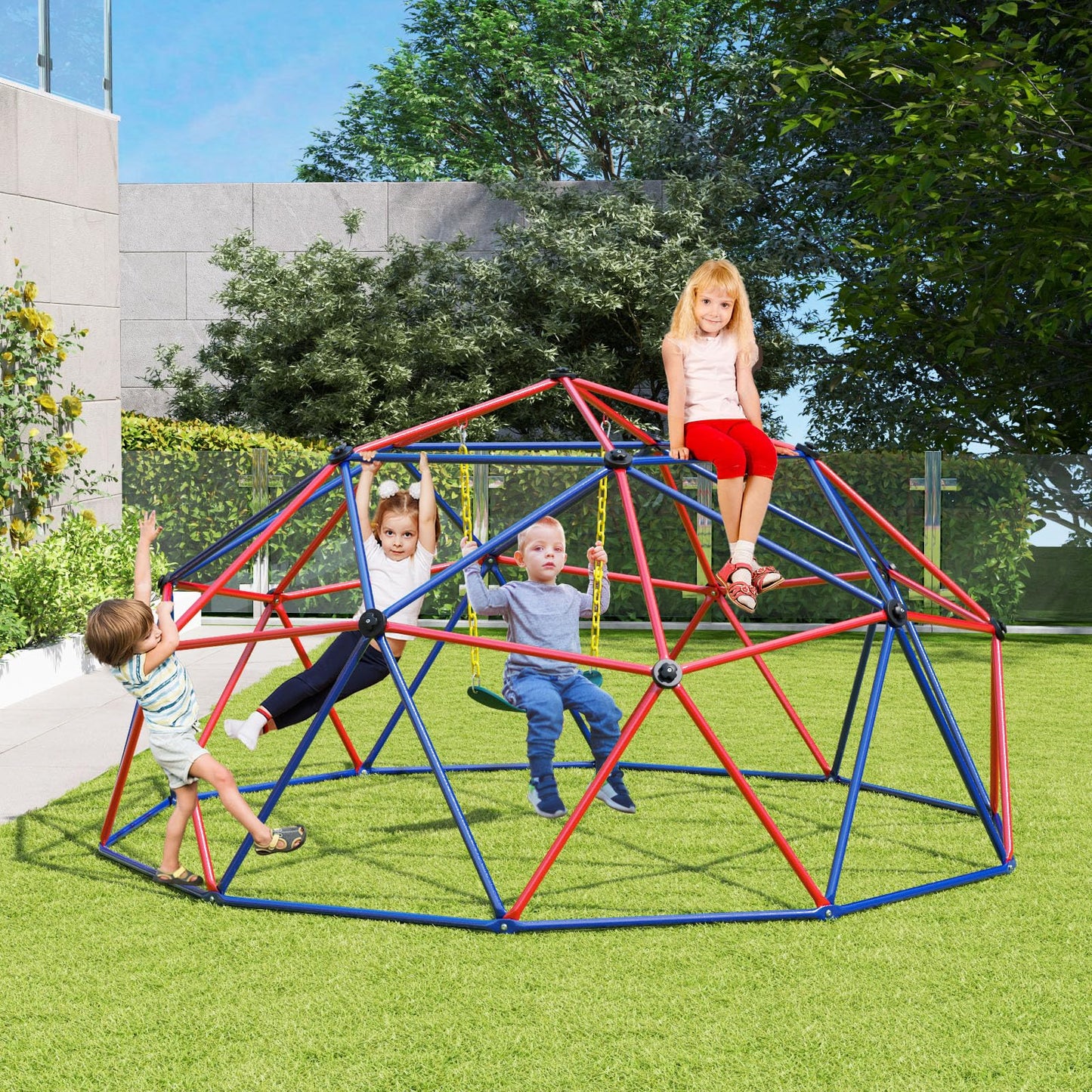 Costzon Climbing Dome with Swing, 10FT Kids Jungle Gym Monkey Bar Climbing Toys for Outdoor