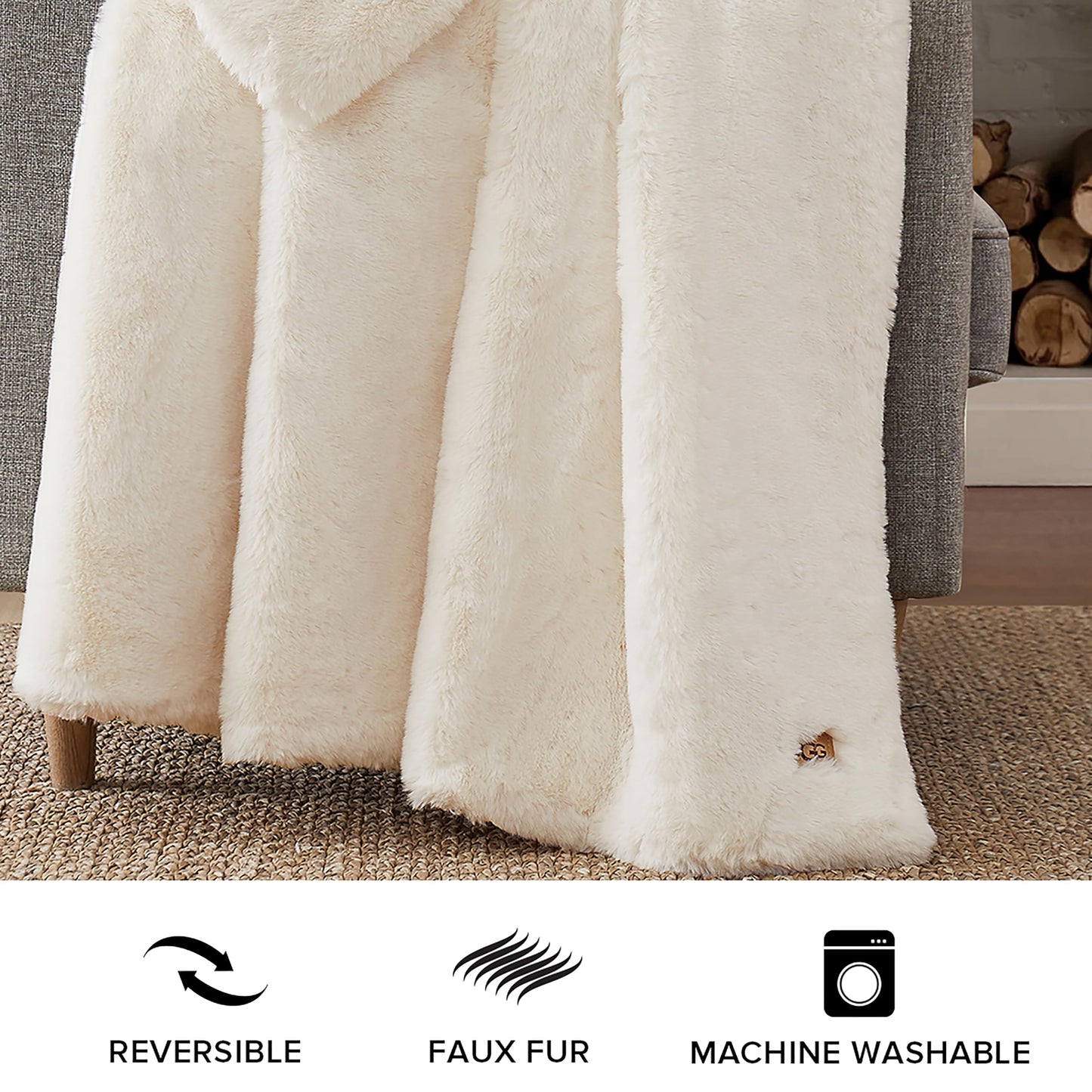 UGG 16796 Euphoria Plush Faux Fur Reversible Throw Blanket for Couch or Bed Luxury Hotel Style Machine Washable Soft Cozy Home Decor Fuzzy Fluffy