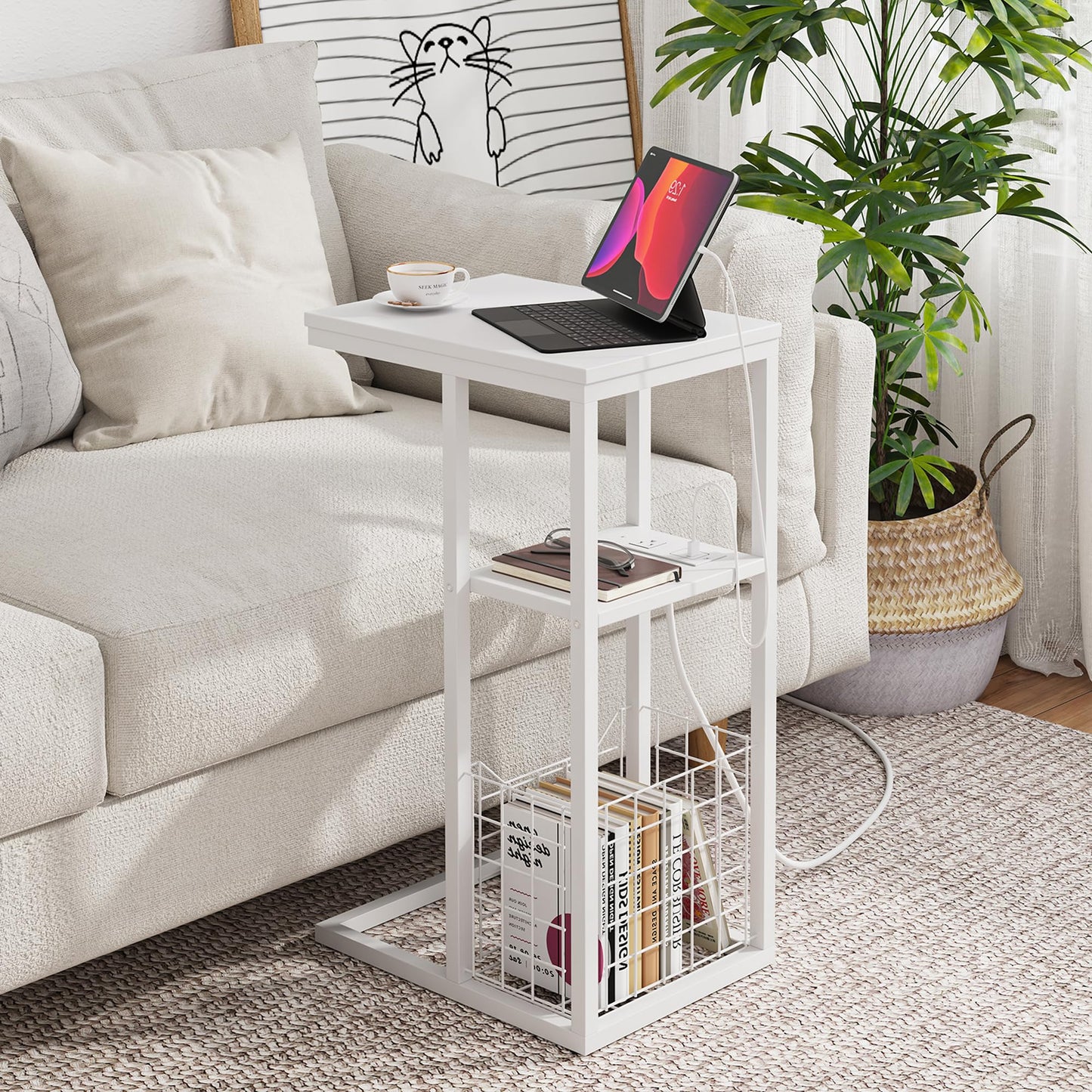 C Shaped End Table with Charging Station, Side Table for Couch, Small Side End Table for Small Spaces