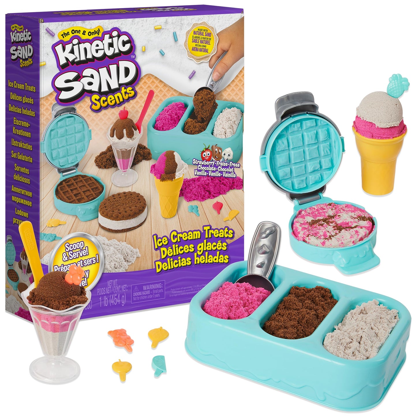 Kinetic Sand Scents, Ice Cream Treats Playset, 3 Colors Scented Play Sand & 6 Tools, Sensory Toys, Christmas Gifts for Kids Ages 3+