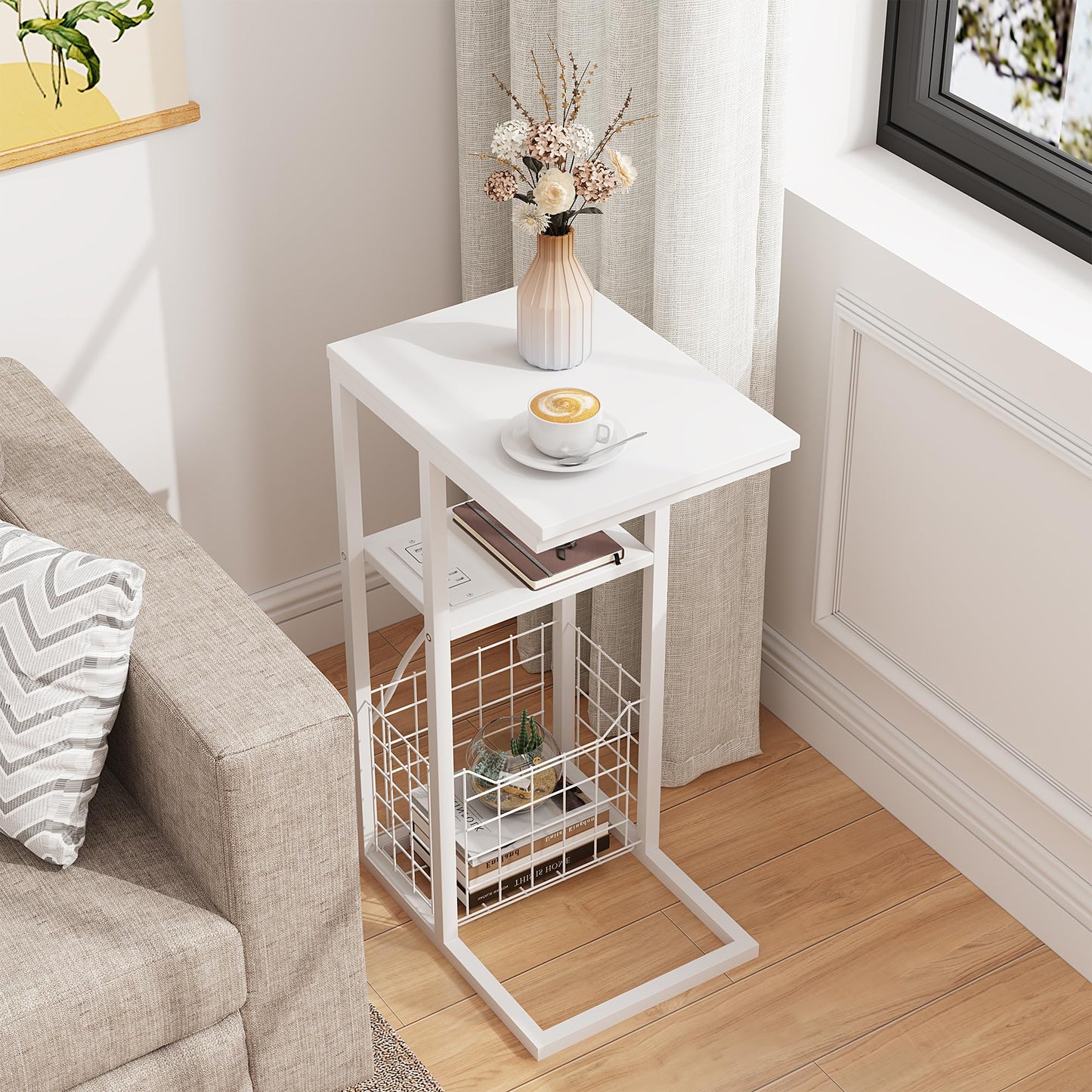 C Shaped End Table with Charging Station, Side Table for Couch, Small Side End Table for Small Spaces