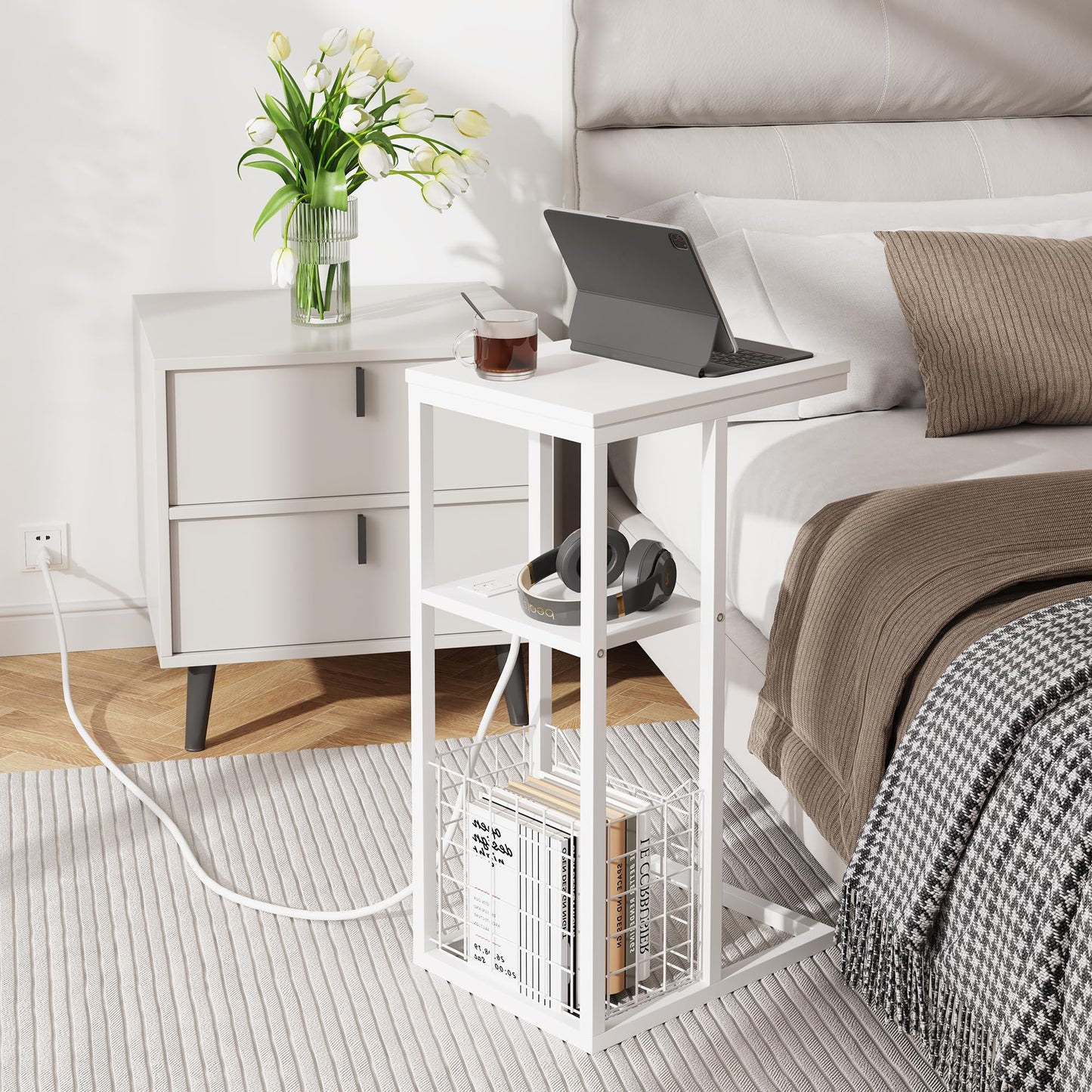 C Shaped End Table with Charging Station, Side Table for Couch, Small Side End Table for Small Spaces